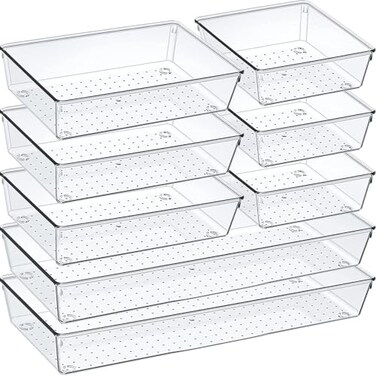 Criusia Drawer Organizer Set Acrylic Non Slip Non Cracking Kitchen Drawer Storage Tray Large Size Divider Multifunctional Storage for Cosmetics Bathroom Tools Kitchen and Office 8 PACK