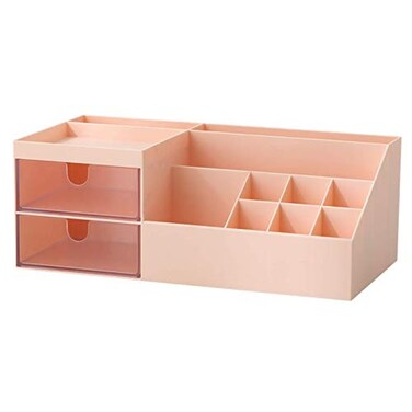 Marknor Makeup Organizer VanityCosmetic Organizer Desk Storage Box Mini Desk Storage for Office Supplies Bathroom Counter or Dresser Pink
