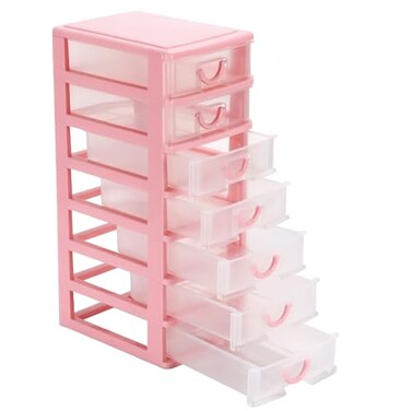 Rempry Mini Plastic Organizer with 7 Clear Drawers 71x51x132 Small Storage Drawers Containers for Desk Counters Cabinets Pink