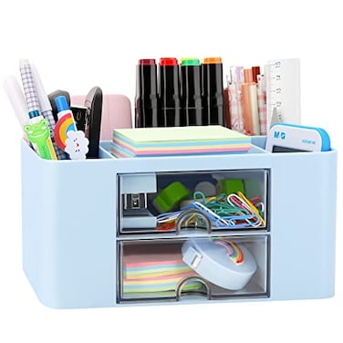 LETURE Desk Organizer with 2 Drawer Plastic Desktop Pen Pencil Card Holder Storage Box for Desk Office Supplies Vanity Table Office School Home Blue