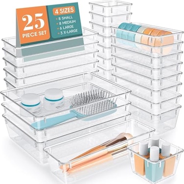 WOWBOX 25 PCS Clear Plastic Drawer Organizer Set 4 Sizes Desk Drawer Divider Organizers and Storage Bins for Makeup Jewelry Gadgets for Kitchen Bedroom Bathroom Office