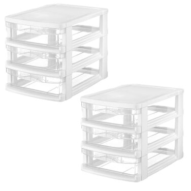 Tribello 3 Drawer Plastic Storage Mini Drawer Unit White Frame With Clear Drawers for Craft Storage 10L X 75W X 8H Inches 2 Pack