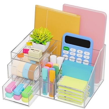 VITVITI Acrylic Desk Organizer Clear Pencil Organizer for Desk Multifunctional Desktop Stationary Pen Organizer 8 Compartment Storage with Drawer for OfficeA4 PaperArt Supply
