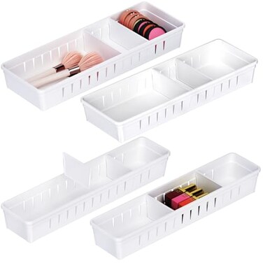 Pluspace Desk Drawer Organizer Tray 4 PCS Plastic Office Drawer Organizer Bins Junk Organizer Divider with NonSlip Silicone Pads Makeup Vanity Organizer for Drawer White