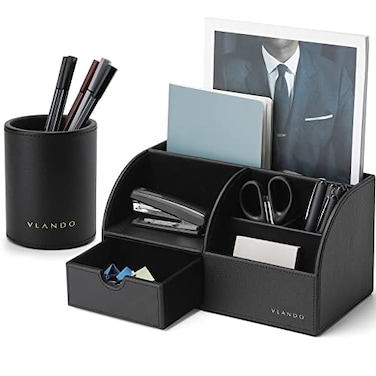 Vlando Office Desk Organizer Leather Desktop Organizer Caddy with Drawer for Storing Desktop Supplies and Accessories Black Set