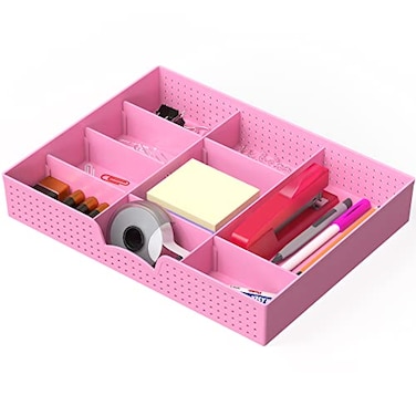 Simple Houseware Drawer Organizer Tray with 9 Adjustable Compartments Pink