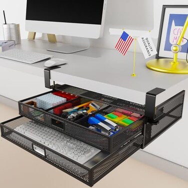 SEYHAKI Under Desk Drawer Organizer No Drilling Under Desk Storage Drawer Organizer Metal Under Desk Slide Out Drawer Suitable for Home and OfficeLarge