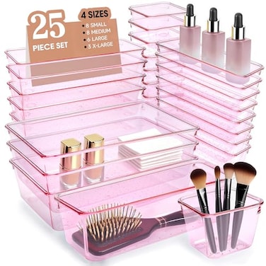 Trotianingyu Kitchen Desk Drawer Organizers Storage for Office Small Acrylic Vanity Trays Makeup Organizer for Drawer Bathroom Plastic Make up Organizers 25 Pcs Pink