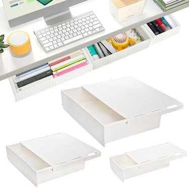 YOUEON 3 Pack Under Desk Drawer Slide Out SelfAdhesive Under Table Drawer Hidden Attachable Under Desk Storage Drawers Stick on Drawers for Office Home School White