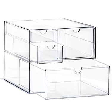 Prsildan Acrylic Drawer Makeup Organizer with 4 Drawers Set of 2 Office Desk Organizers Accessories Clear Stackable Storage Drawers for Vanity Countertop Craft Jewelry Art Supply Organization