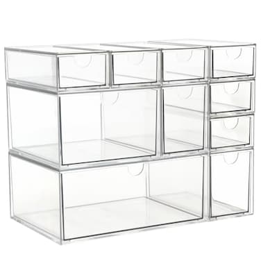 ZEXALOR Acrylic Makeup Organizer 10 Drawers Clear Storage Organizer Desktop Stackable Storage Drawers Plastic Organizer Bins for Makeup Stationery Cosmetics Vanity BathroomCabinetPantry Office Desk
