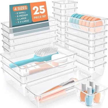 SpaceHacks 25 PCS Plastic Drawer Organizer Set 4Size Versatile Organizer Trays Storage Bins for Makeup Jewelry and Gadgets in Bathroom Bedroom and OfficeClear White