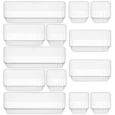Freshmage 12 Piece Clear Drawer Organizer Set 3 Sizes Bathroom Vanity Organizer Trays and Storage Bins for Makeup Cosmetics Jewelry and Gadgets Perfect for Office Kitchen Bedroom Bathroom Use