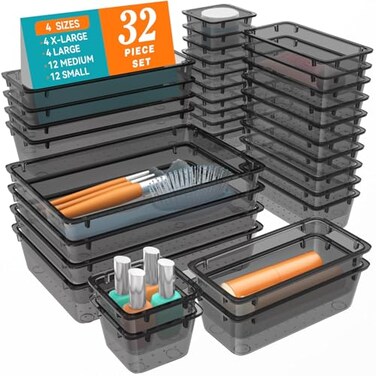 WOWBOX 32 PCS Clear Plastic Drawer Organizer Set 4 Sizes Desk Drawer Organization and Storage Containers for Makeup Cosmetics Jewelry and Gadgets in Kitchen Bathroom Bedroom Office Clear Black