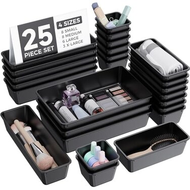 BiuLeon 25 PCS Plastic Drawer Organizers Set 4Sizes Vanity and Makeup Organizer Desk and bathroom Drawer Organizer Trays Organizers and Storage for Makeup Jewelry Gadgets Utensils Black