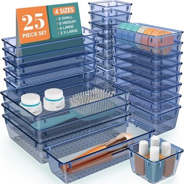 WOWBOX 25 PCS Plastic Drawer Organizer Set 4 Sizes Desk Drawer Divider Organizers and Storage Bins for Makeup Jewelry Gadgets for Kitchen Bedroom Bathroom Office Clear Dark Blue