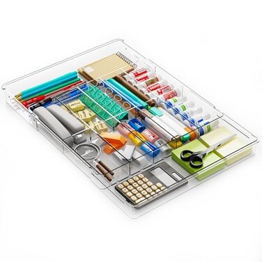 Yieach Large Expandable Desk Drawer Organizer Tray for Office Supplies and Accessories With 12 Adjustable CompartmentsOffice Drawer Organizers for PencilPen and Kitchen Junk Drawer OrganizerClear