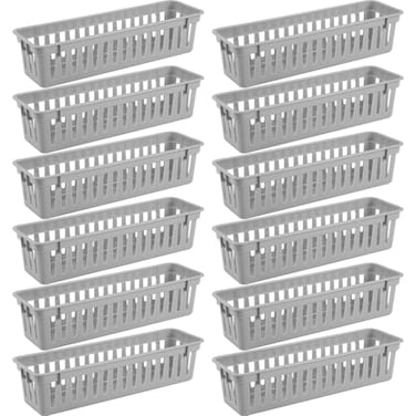 wlilupah 12 Pcs Gray Slim Plastic Storage Baskets Tray 10 x 3 x 25 Inch Compact Stackable Desk Organizer for Office Classroom School Supplies and Home Storage OrganizationGray