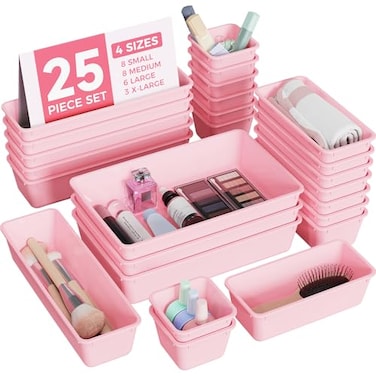 BiuLeon 25 PCS Plastic Drawer Organizers Set 4Sizes Vanity and Makeup Organizer Desk and bathroom Drawer Organizer Trays Organizers and Storage for Makeup Jewelry Gadgets Utensils Pink