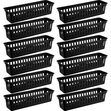 wlilupah 12 Pcs Black Slim Plastic Storage Baskets Tray 10 x 3 x 25 Inch Compact Stackable Desk Organizer for Office Classroom School Supplies and Home Storage OrganizationBlack
