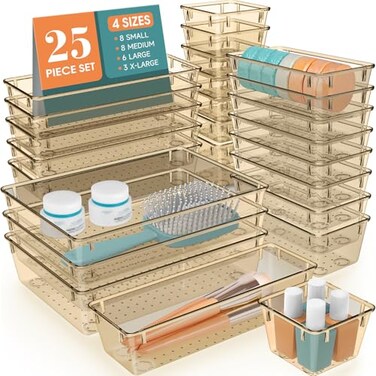 WOWBOX 25 PCS Plastic Drawer Organizer Set 4 Sizes Desk Drawer Divider Organizers and Storage Bins for Makeup Jewelry Gadgets for Kitchen Bedroom Bathroom Office Clear Champagne
