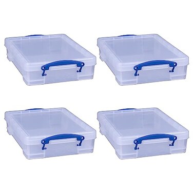 Really Useful Box 4 Liter Plastic Stackable Storage Container wSnap Lid BuiltIn Clip Lock Handles for Home Office Organization Clear 4 Pack