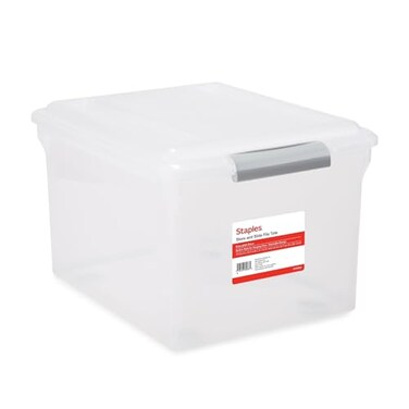 STAPLES TRU RED Staples Store Slide Hanging File Box Latch Lid LetterLegal Size Clear