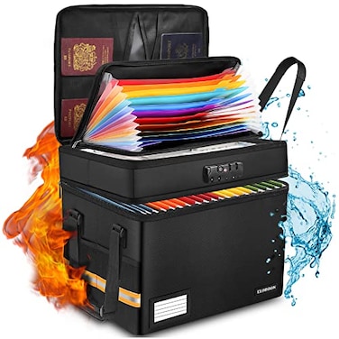 ELOBOON Fireproof Document Box with 13 Pockets Accordian File Organizer WaterResistant File Organizer Box with Lock Collapsible File Storage Cabinet for Hanging LetterLegal Folder Black