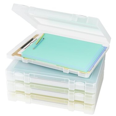 Denkee Large Paper Storage Box 4 Pack Plastic Scrapbook Paper Storage Organizer with Handle for A4 85 x 11 US Letter Portable File Document Case Board Game Storage