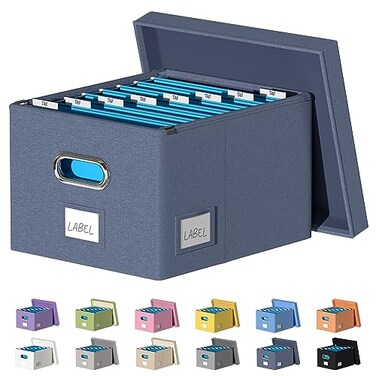 DYWMM File Organizer Collapsible Storage Box for Office File Box with Lids Document Organizer for Office and Home Easy Slide Durable Hanging File Box Navy Blue
