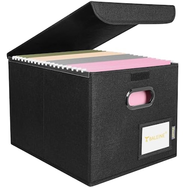 BALEINE File Organizer Box with Lid Collapsible File Folder Organizer with Plastic Slide Hanging File Folder Box for Office Document Storage 1 Pack Black
