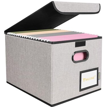 BALEINE File Organizer Box with Lid Collapsible File Folder Organizer with Plastic Slide Hanging File Folder Box for Office Document Storage 1 Pack Beige