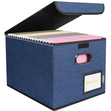 BALEINE File Organizer Box with Lid Collapsible File Folder Organizer with Plastic Slide Hanging File Folder Box for Office Document Storage 1 Pack Blue