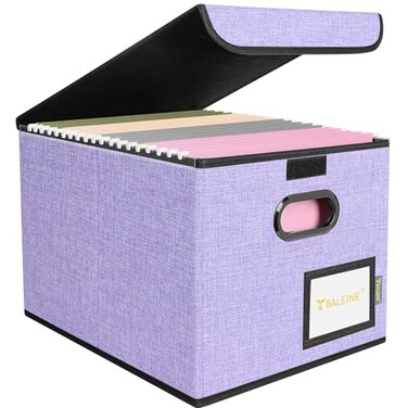 BALEINE File Organizer Box with Lid Collapsible File Folder Organizer with Plastic Slide Hanging File Folder Box for Office Document Storage 1 Pack Purple
