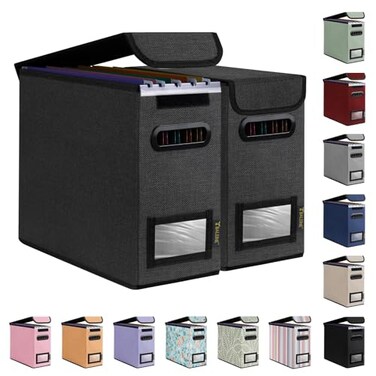 BALEINE File Organizer Box with Lid Collapsible File Folder Organizer with Plastic Slide Hanging File Folder Box for Office Document Storage 2 Pack Black S