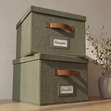 ZICOTO Decorative File Organizer Box Set of 2 Collapsible Linen Filing Cabinets wHandles Are Perfect to Store all Your Documents Hanging File Folders Portable Easy Slide Crates with Lid