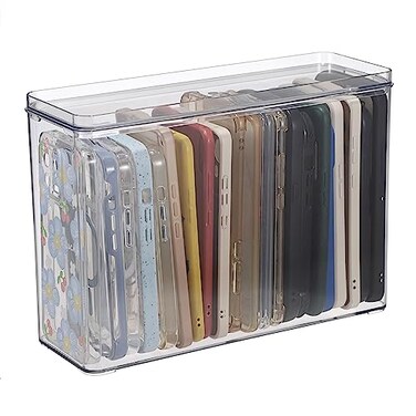 BTSKY Clear Phone Case Organizer Stackable Storage Box with Lid for Cell Phone Cases Multifunctional Phone Case Storage Holder for Desk Accessories Plastic Storage Box for Table Cupboard Cabinet