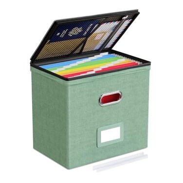 Oterri 1 Pack File Organizer Boxes with Lids File Box with Mesh Pockets Document Organizer Box for File Folders Letter Size Zippers Filing Box for Home Office School Green Without Folders