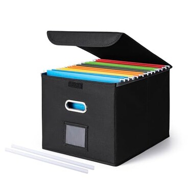 CADONO File Organizer Box with Lid Large Hanging File Folder Organizer with Plastic Slide Collapsible Portable Filing Storage Boxes for OfficeDecorHome Black 149 x 1259 x 108 inch