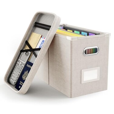 Oterri File Organizer Box with Lid Hanging Filing File Box with Mesh Pocket Document Organizer Box for Letter Files Portable Storage Box with Smooth Sliding Rail for OfficeHome 1 PCS Beige