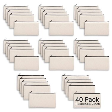 Cruleen 40 PCs Blank canvas Zipper Pouch Makeup Bags Bulk Pencil Pouch with Sturdy ZipperMultiPurpose DIY Crafts Toiletry Canvas Bags Case for Sublimation Stationery Cosmetic Storage 83x47