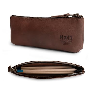 HideDrink Hide Drink Rectangular Pencil Case Pen Marker Pouch for Men and Women Flat Zippered Holder Classic Style for Artists Full Grain Leather Handmade Bourbon Brown