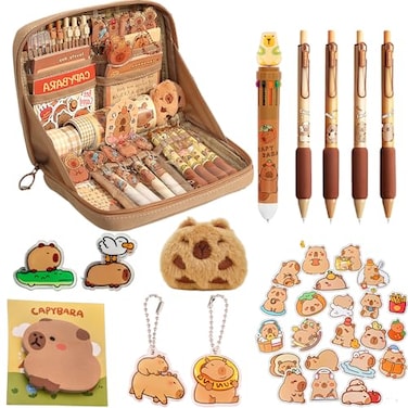 LJJINGXS Cute Capybara Pencil Case With 10 Compartments Gift Set Includes Holder BallPoint Pen Keychain Stickers Brooch and Clips