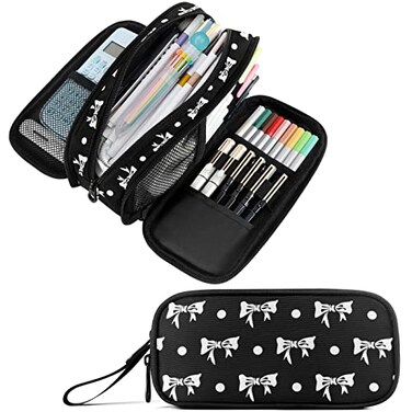 Fustylead Bows Large Pencil Case Minimalist Portable Stationery Bag Cosmetics Bag with Handle for Middle High College School Office Travel