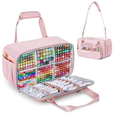 Prokva Marker Organizer Case Holding up to 216 Markers Marker Storage Carrying Bag Large Marker Holder with Shoulder Strap Pink