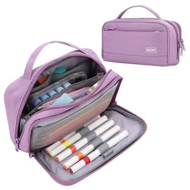 VASCHY Pencil Case Large Cute Pencil Pen Pouch Organizer w Zippers Top Handle School Supplies for KidsTeensStudentsAdults Purple