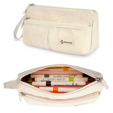 FINPAC Pencil Case Corduroy Triangle Makeup Bag Kawaii Pen Bag Pouch Holder Box Organize for Study Office or Travel Beige