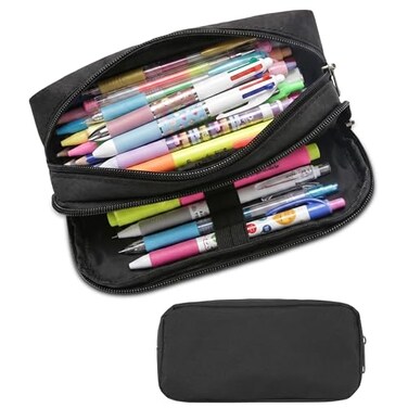 Della Gao Large Pencil Case Big Capacity Pencil Pouch with 2 Compartments Office Pencil Bag with Zipper Big Pen Case for Adults 01Black