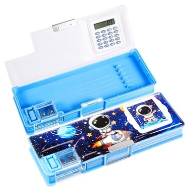 Henoyso Multifunctional Pencil Box for Boys Astronaut Pencil Case with Calculator and Sharpener Cool Cute Pencilcase School Supplies Essentials Christmas Birthday Gift Present for Kids Teens