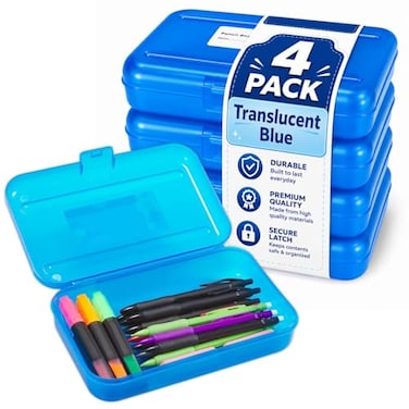 1InTheOffice Pencil Box Translucent Blue Plastic Pencil Boxes 4 Pack